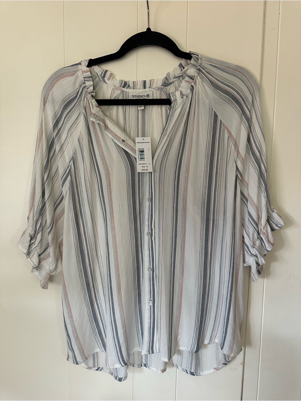 Studio Lightweight Striped Button-Down boho Blouse in White, Blue & Pink